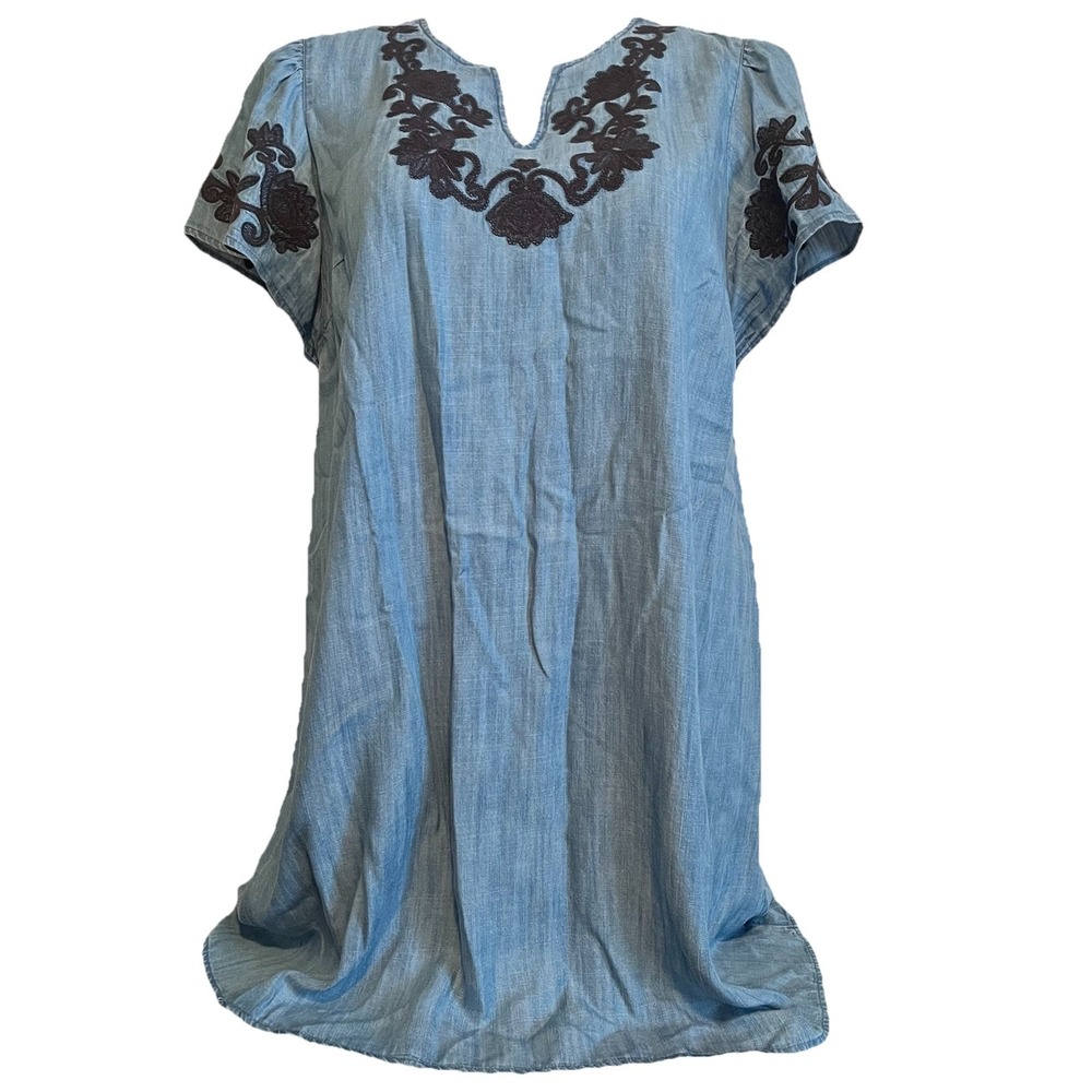 J Jill Embroidered Split Neck Dress Flutter Sleeve LP Lyocell Chambray Coastal